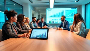 Engaging strategy meeting at a startup fractional agency with professionals analyzing growth metrics.