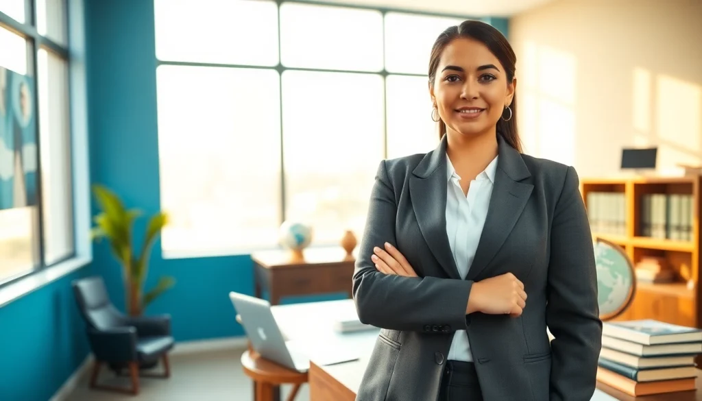 An experienced abogada de inmigracion in a modern office setting, exuding professionalism and warmth.