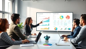 Team engaged in competitor analysis discussion, showcasing data insights and collaboration in a modern office.