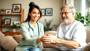 Providing compassionate austin senior home care services with a caregiver and senior in a warm, inviting living room.