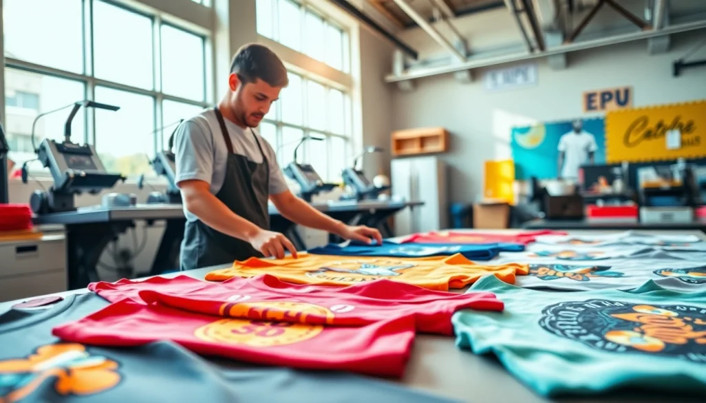 Custom t-shirt printing Edmonton in a lively workshop showcasing unique designs and skilled artisans.