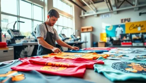 Custom t-shirt printing Edmonton in a lively workshop showcasing unique designs and skilled artisans.