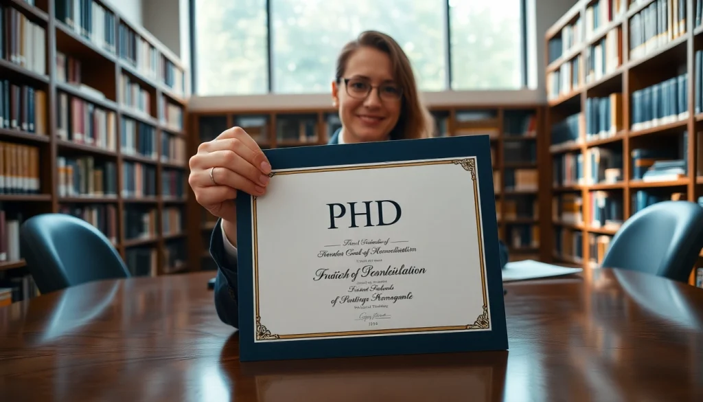Discover where to buy PhD degree in a professional office setting with a diploma prominently displayed.