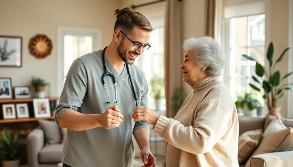 Providing compassionate austin senior home care with a caregiver and senior in a welcoming living room.