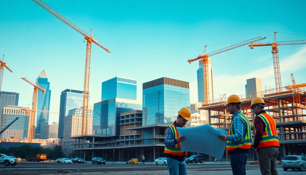 Workers engaged in austin construction, emphasizing teamwork and modern development in a vibrant cityscape.