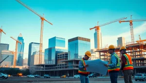 Workers engaged in austin construction, emphasizing teamwork and modern development in a vibrant cityscape.