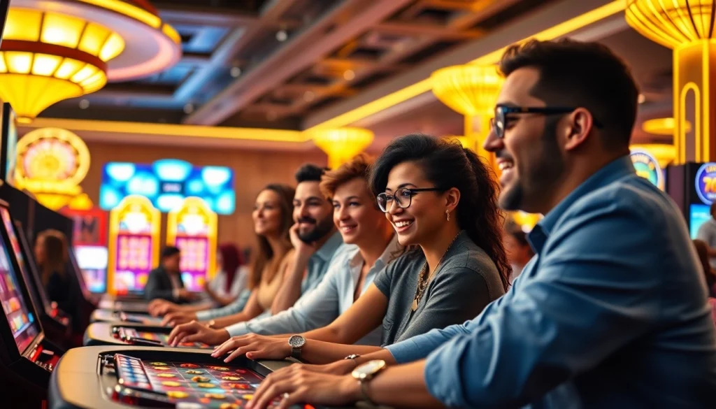 Vibrant gaming scene showcasing internet casinos with players enjoying table games and slots.