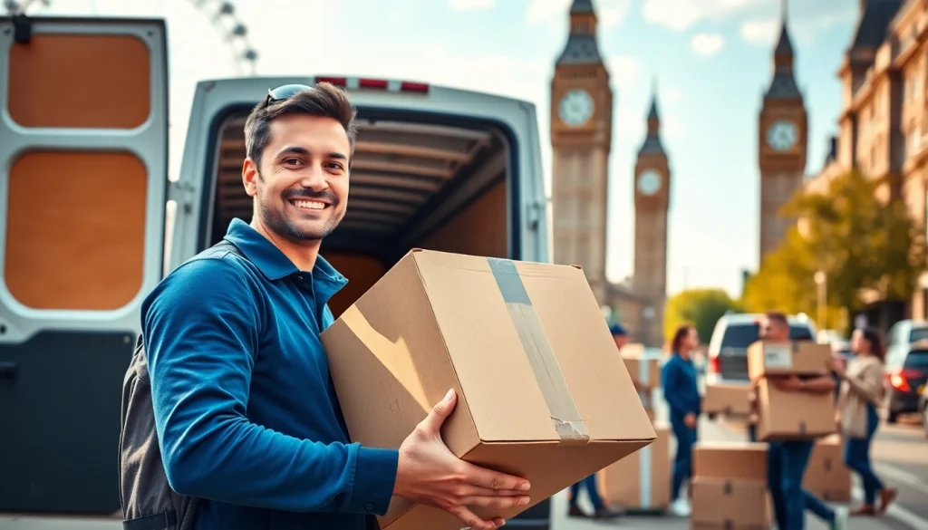 Moving services London showcased by a professional team packing boxes in a city setting.
