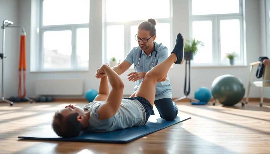 Engaging in physiotherapy near me with a professional therapist in a bright clinic setting.