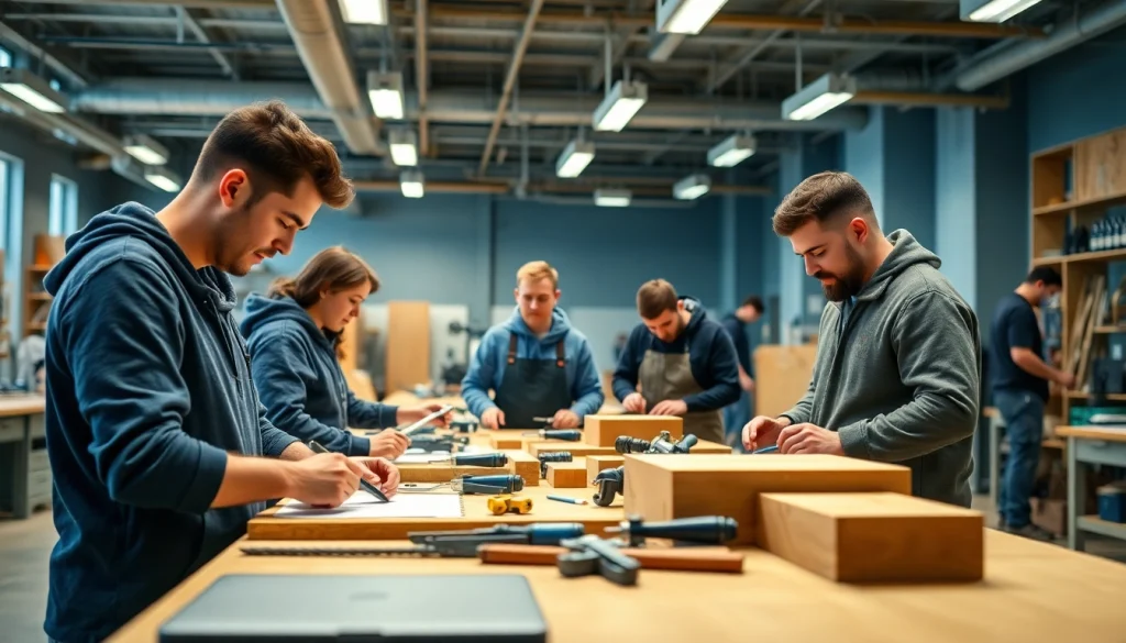 Vocational students at a trade school in Knoxville, TN, engaged in hands-on training with tools.