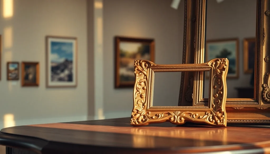 Showcasing ornate picture frames in an elegant setting, emphasizing craftsmanship and intricate details.