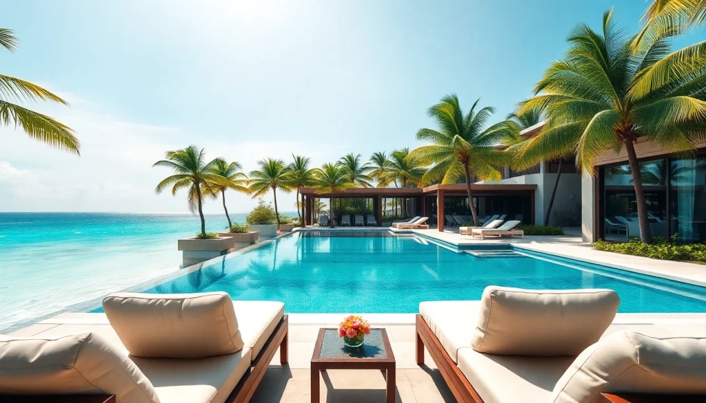 Charming villa rentals with ocean view, modern design, and inviting pool area.