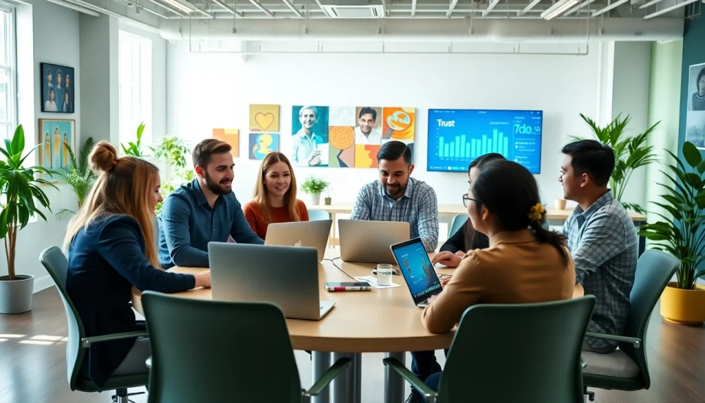 Social media agency team engaged in creative brainstorming in a bright office space.