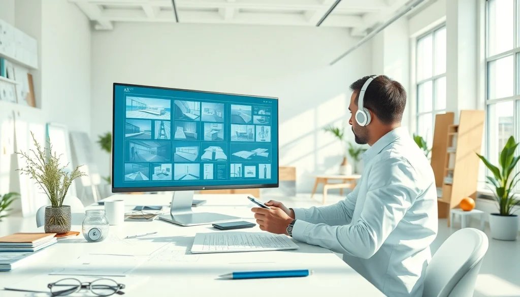 Showcase of AI design solutions in a sleek workspace featuring digital collaboration tools.