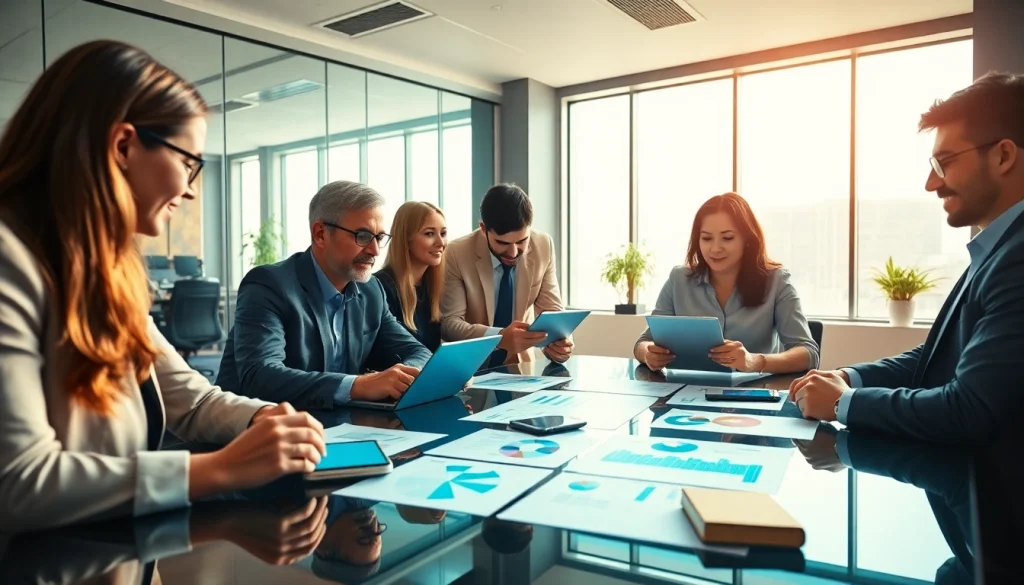 Team discussing their digital strategy in a bright, modern office environment.