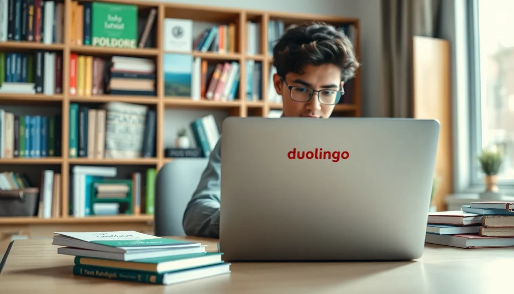 Improve your skills with Duolingo English test practice materials at a study desk.