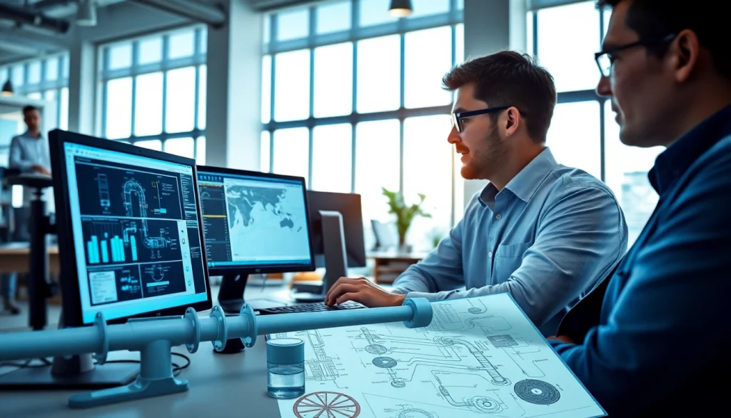 Dynamic teamwork at a pipe stress analysis company, showcasing engineers analyzing complex piping schematics.