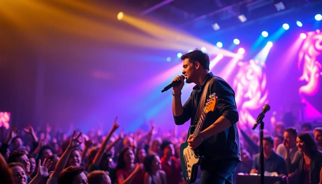 Experience the electrifying performance of a live musician engaging with a vibrant audience.