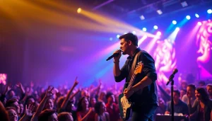 Experience the electrifying performance of a live musician engaging with a vibrant audience.