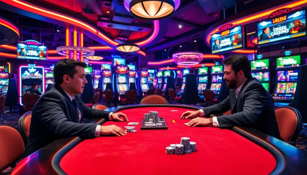 Experience internet casinos action with professional gamblers at an upscale casino table.