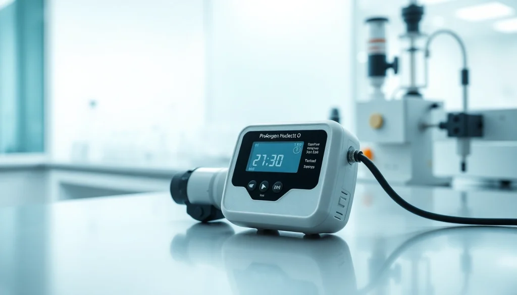 Showcasing a Hydrogen gas detector with a clear digital display in a high-tech lab setting.