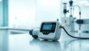 Showcasing a Hydrogen gas detector with a clear digital display in a high-tech lab setting.