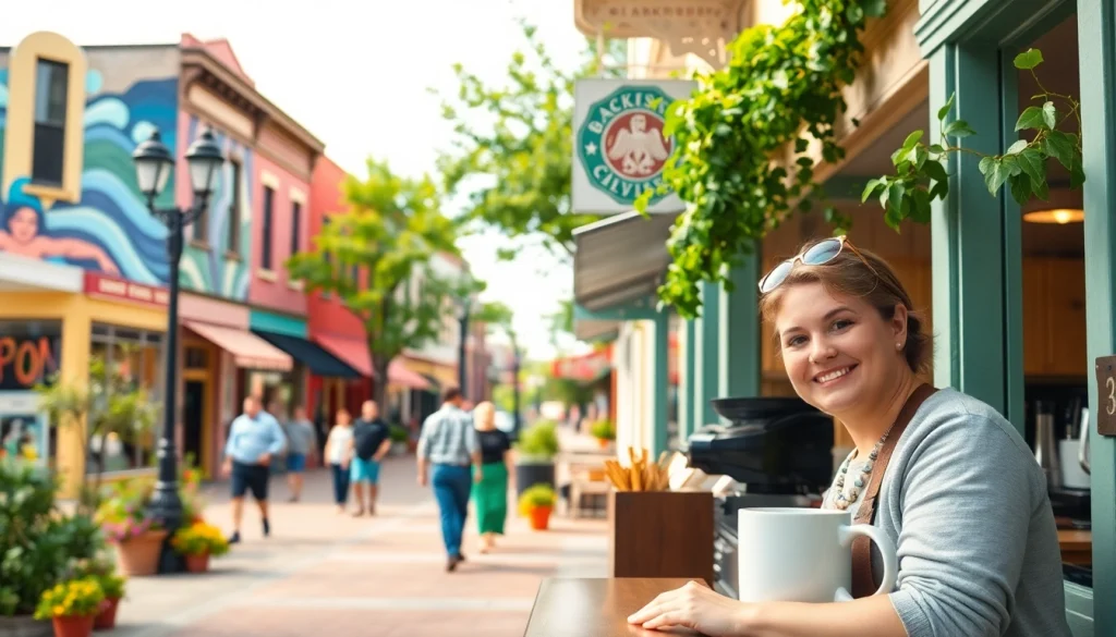 Clarksburg's vibrant downtown with a café and lively storefronts inviting visitors.