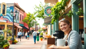 Clarksburg's vibrant downtown with a café and lively storefronts inviting visitors.