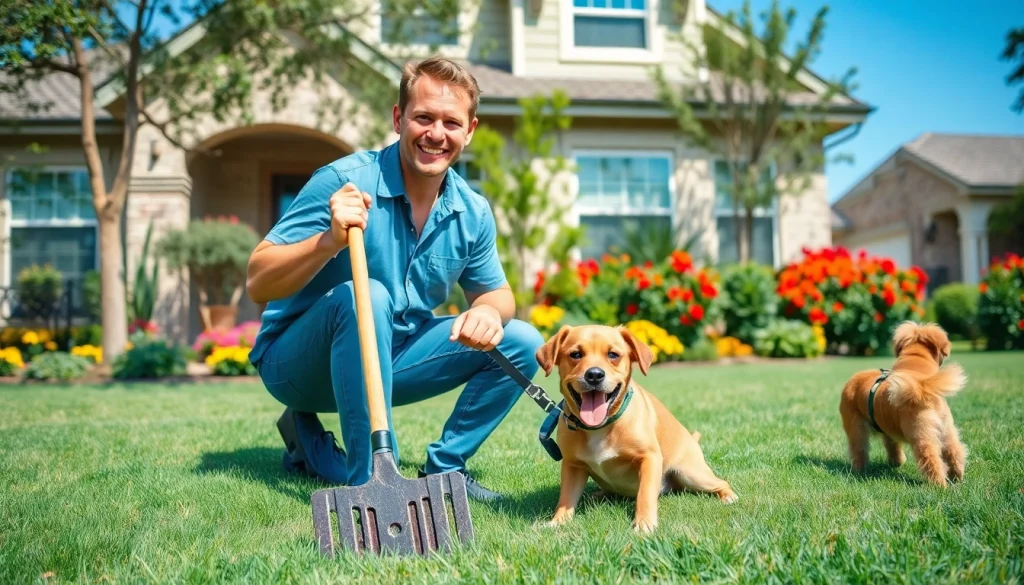 Alamo Ranch poop scooper cleaning a yard with a happy dog, showcasing professional pet waste removal service.