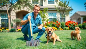 Alamo Ranch poop scooper cleaning a yard with a happy dog, showcasing professional pet waste removal service.
