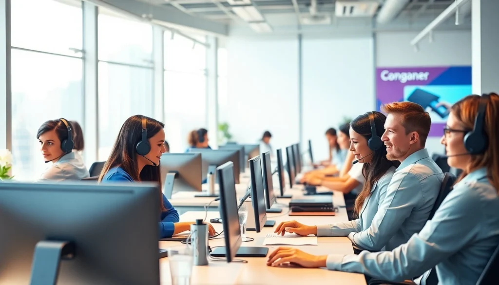 Showcasing effective call center services with engaged agents in a modern office.