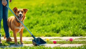 Cleaning up dog poop with a pooper scooper in a pristine backyard setting.