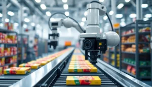 Machine vision technology in a factory setting analyzing products on a conveyor belt.