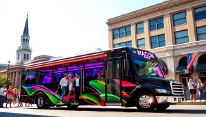 Experience the excitement of a macon party bus with colorful lights and joyful people boarding.