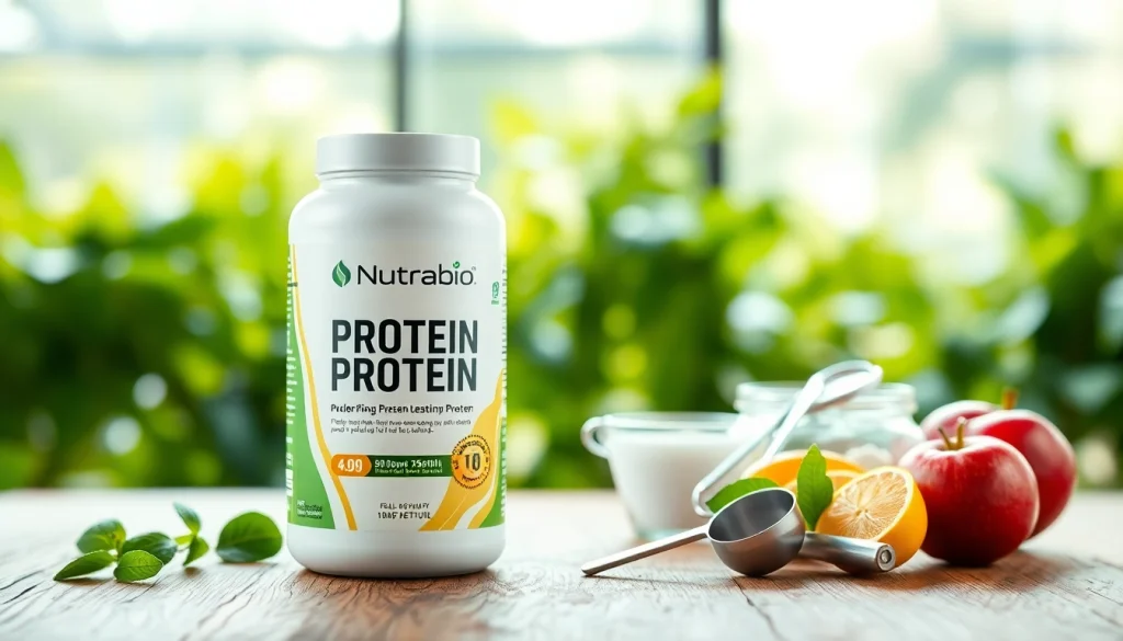 Nutrabio protein powder bottle displayed on a wooden table with fresh fruits.