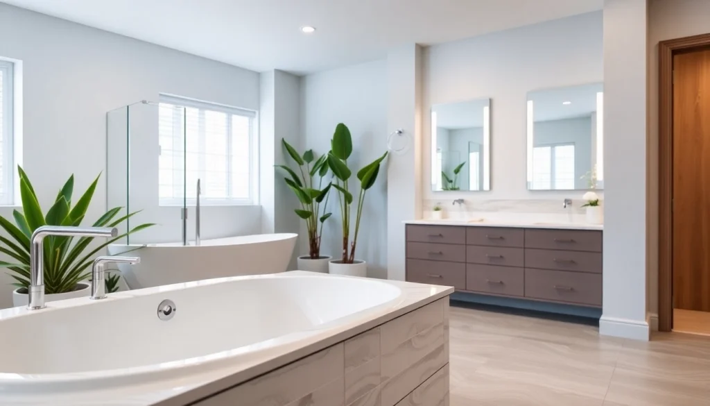 Local bathroom remodel showcasing a modern design with bright lighting and elegant fixtures.