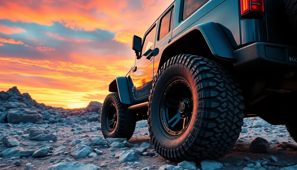 Showcase off road wheels on a rugged vehicle navigating rocky terrain under a dramatic sunset.