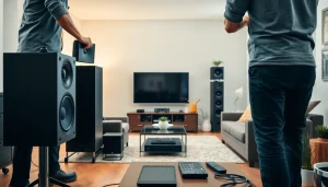 Install home audio system near me, showcasing a professional setting and sleek audio equipment.