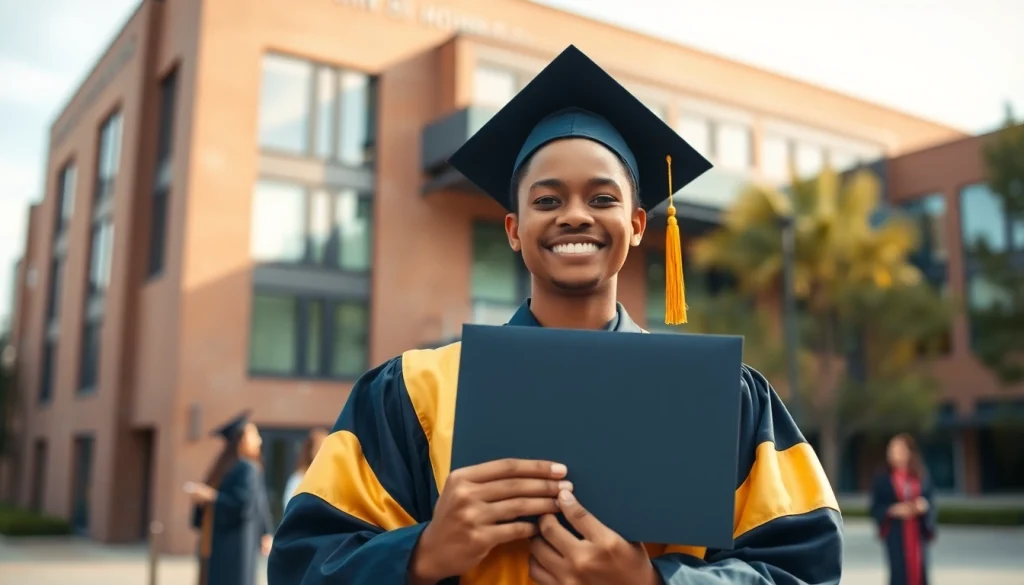 Explore where to buy PhD degree with a proud graduate showcasing their success.