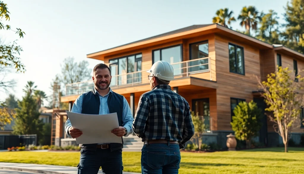 Custom home builders near me discussing plans for an elegant modern house.
