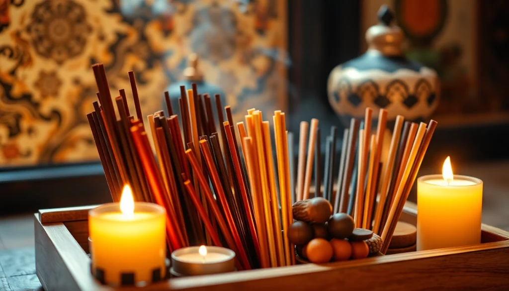 Découverte des incenses orientales, disposées avec soin dans une boîte décorative en bois, illuminée par la lumière des bougies.