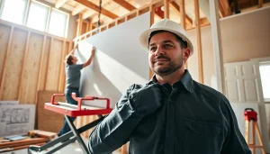 Skilled drywall contractors professionally installing drywall sheets in a bright construction environment.