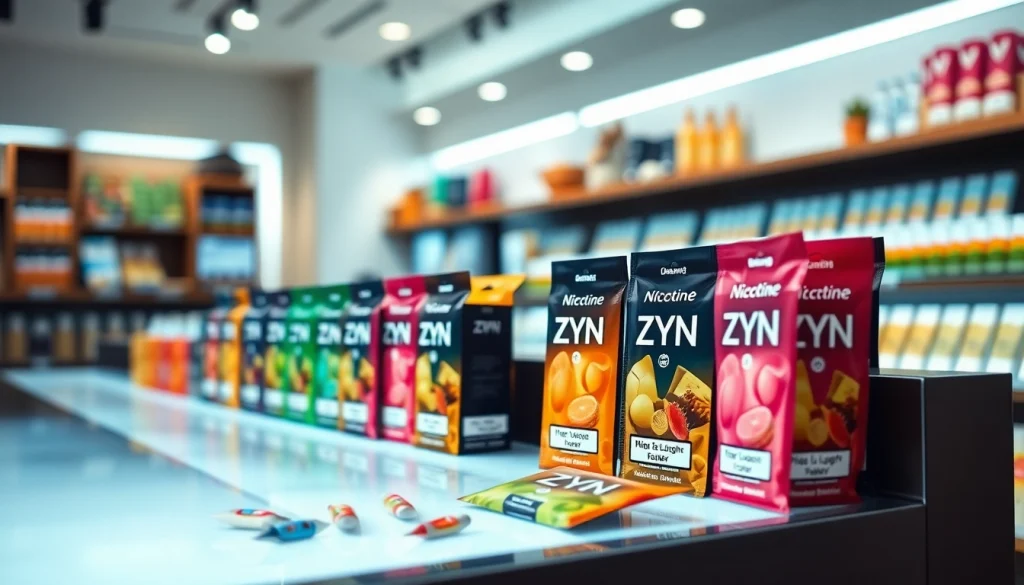 Showcasing ZYN nicotine pouches in a modern store setting with vibrant packaging.
