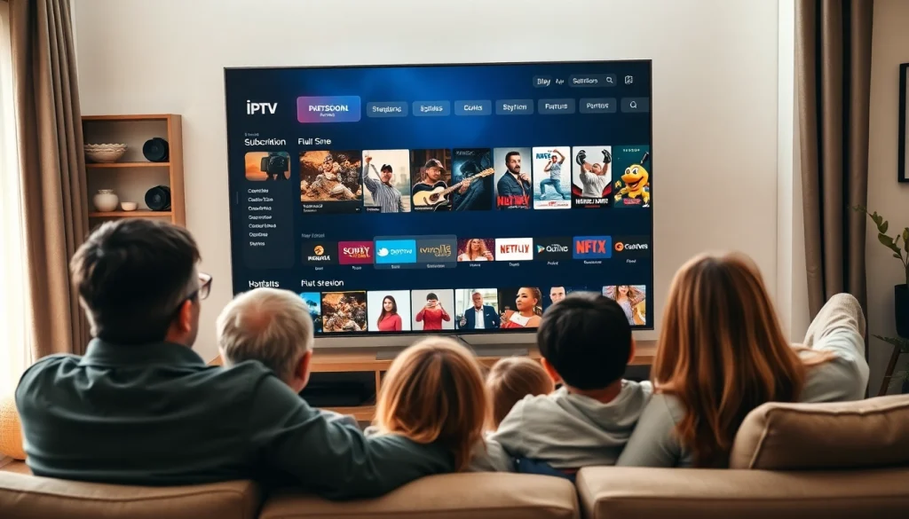 Engaging family enjoying IPTV subscription content on a modern TV in a welcoming living room.