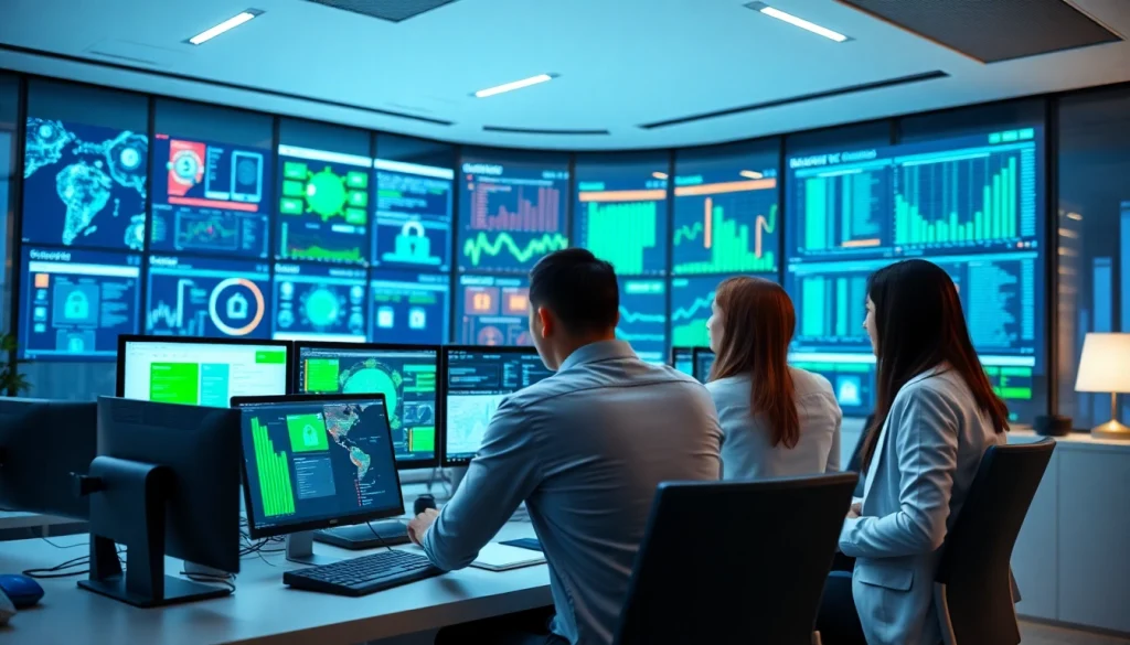 Engaging team in cybersecurity services analysis at a modern office workspace.