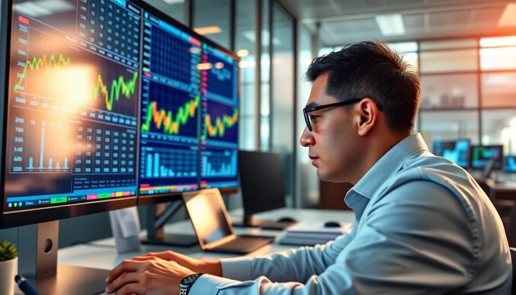 Stock picker analyzing stock trends in a modern office setting with trading screens.