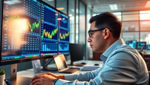 Stock picker analyzing stock trends in a modern office setting with trading screens.