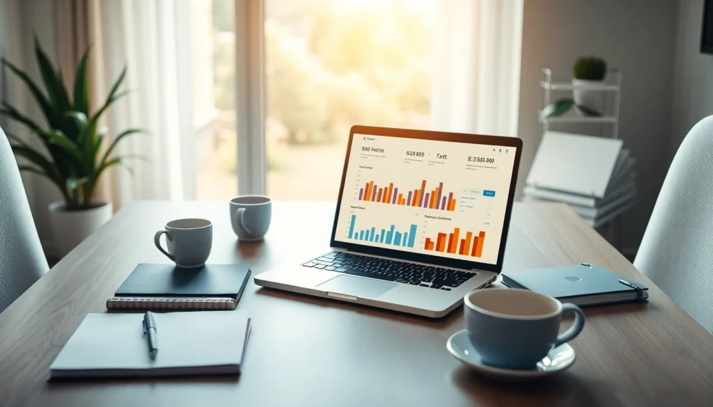 Engaging workspace representing Small Business Subscription services with analytics-focused laptop and cozy elements.