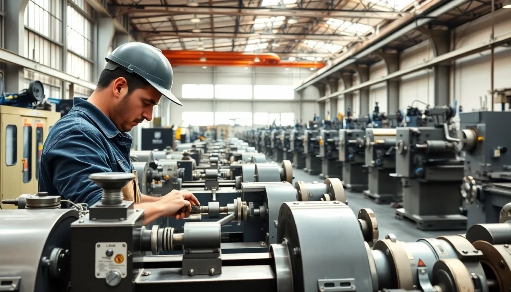 Funcionamiento de maquinaria industrial en un taller profesional, mostrando maquinaria y operarios.