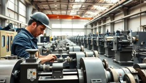 Funcionamiento de maquinaria industrial en un taller profesional, mostrando maquinaria y operarios.